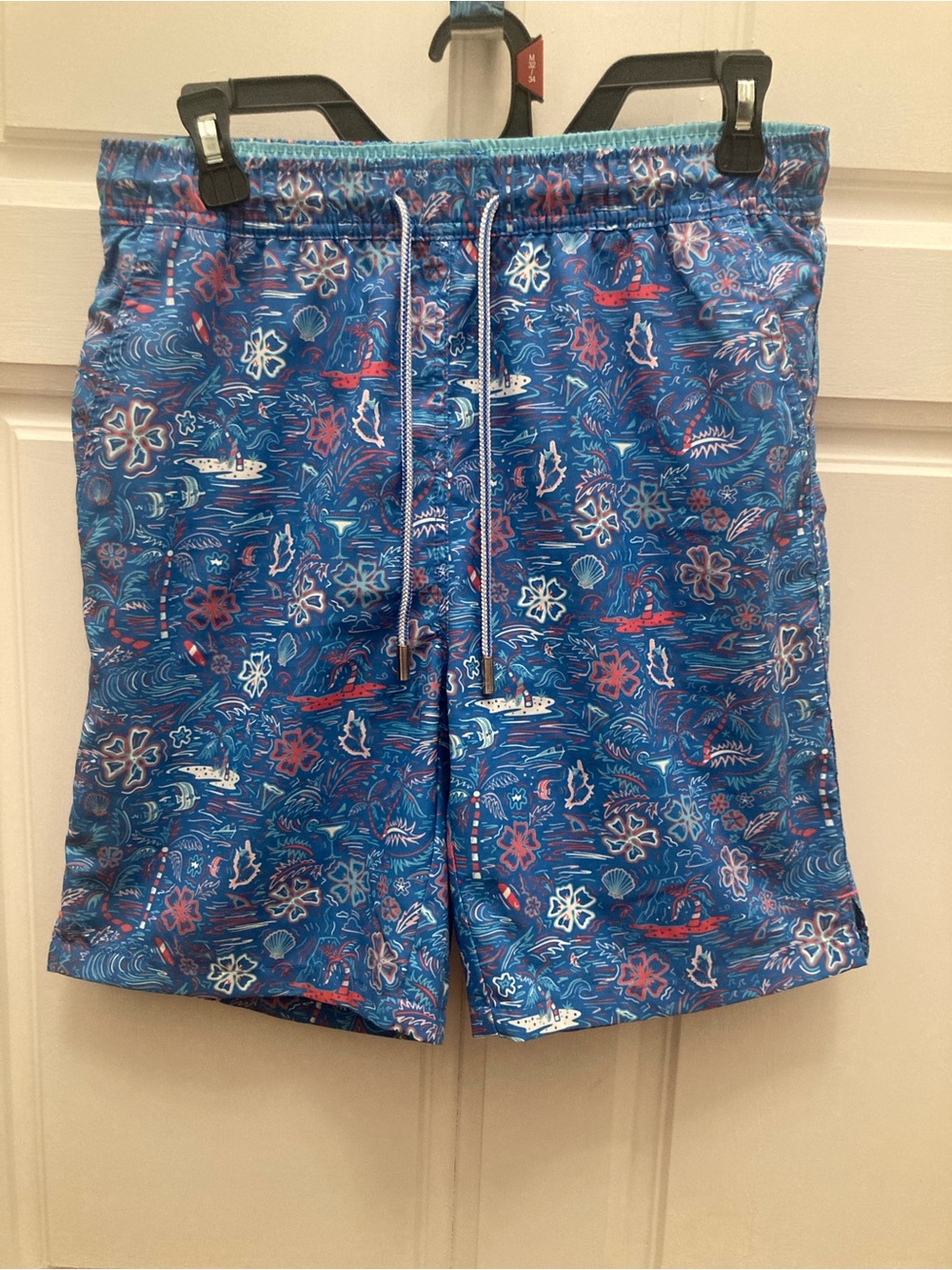 Peter Millar Blue Floral Print Swim Shorts with Red Accents
